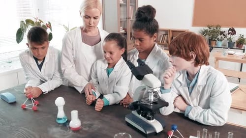 Children Observing Science Experiment in Classroom with Teacher