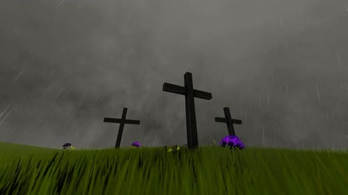Three Crosses on a Rainy Grassy Hill Animation