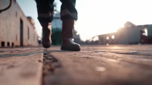Boots Walking on the Deck of a Ship