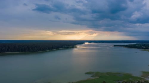 Aerial View of Tranquil Lake at Sunset
