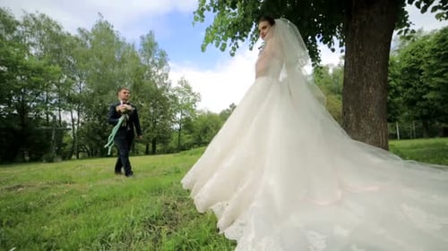 Bride and Groom in Grassy Field on Wedding Day