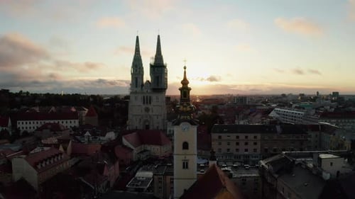 Aerial View of the Cathedral in Zagreb at Sunrise. Croatia