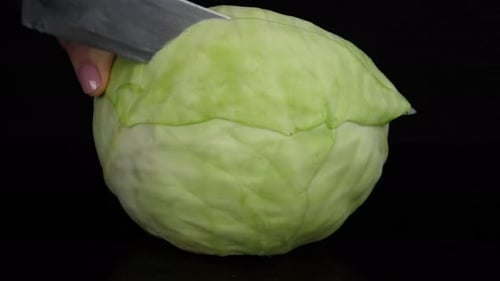 Vibrant Cabbage Cut with Silver Kitchen Knife
