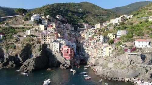 Aerial view of Riomaggiore village, part of Cinque Terre, Italy, Europe
