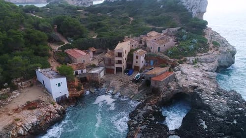 Aerial View of Coastal Village on Rocky Shore