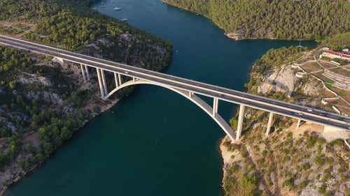 Aerial view on bridge. Highway above sea. View from a drone.