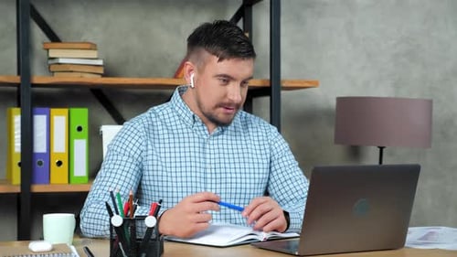 Businessman Work Online Tells Listen Employees Videocall Webcam Laptop at Office