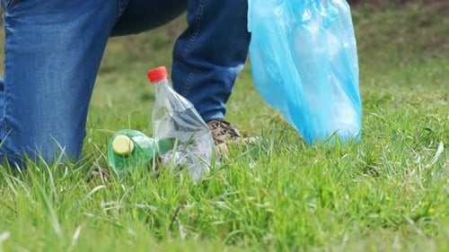 Activist Picking Up Plastic Bottles Into Blue Plastic Bag. Volunteer Cleaning Garbage in the Park