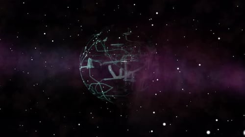 A cyber planet made of digital networks forms in outer space - purple nebula and stars