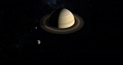 Animated Saturn Planet With Rings And Moons In Dark Space