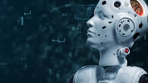 Futuristic AI Robot Head with Dynamic Digital Interface