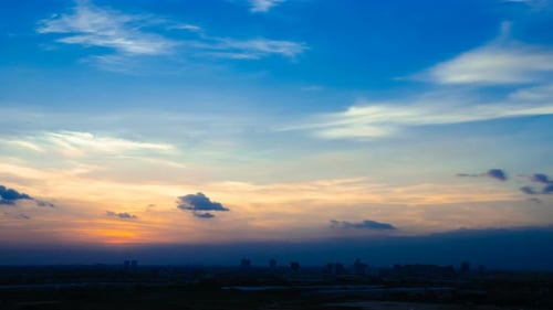 Time lapse sunset sunrise and beautiful twilight fluffy storm cloudy blue and yellow sky