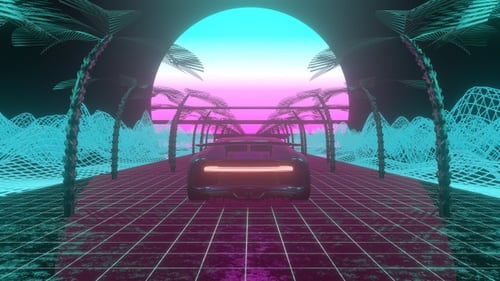 Retro Synthwave Car Driving Loop in Neon Grid World
