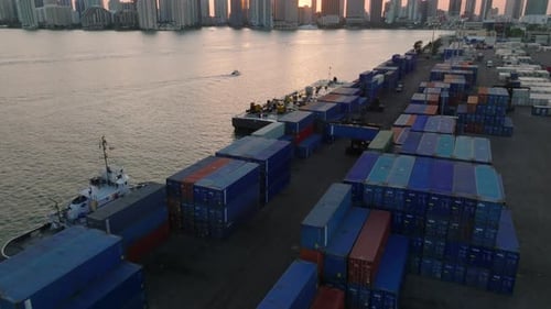 Forwards Fly Above Rows of Stacked Overseas Containers in Harbour