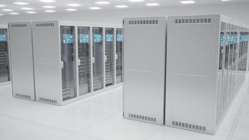Inúmeros gabinetes de servidores modernos em uma fazenda de renderização. Quarto luminoso e futurista. 4KHD