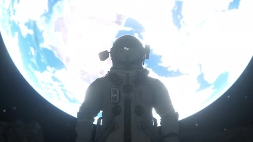 Un astronaute seul se tient à la surface de la Lune avec en toile de fond la planète Terre