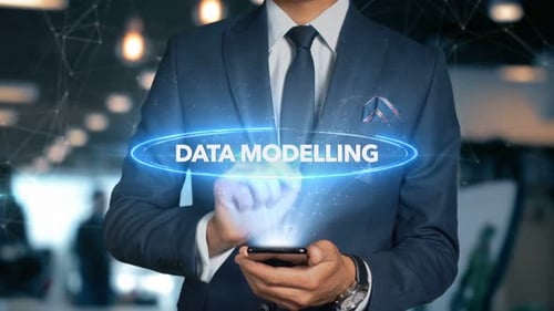 Businessman Smartphone Hologram Word Data Modelling