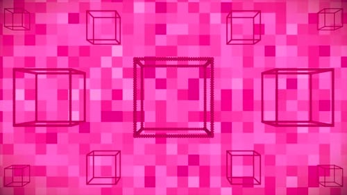 Rotating Wireframe Cubes on a Dynamic Pink Pixel Background