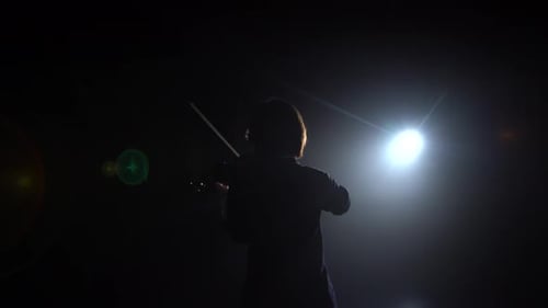 Girl Standing Back and Playing on Violins in a Dark Room. Black Smoke Background. Back View
