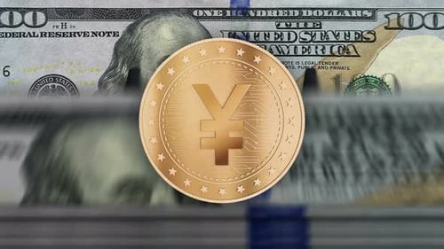Japanische Yen-Münzen über Dollar-Ban
