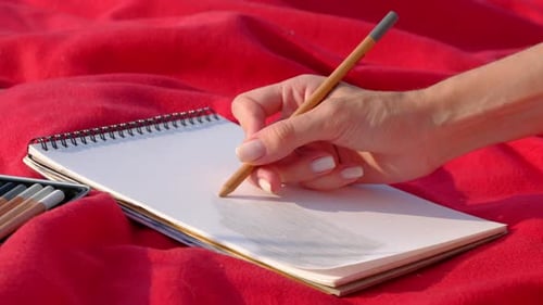 Artist Hand Drawing on Sketchbook with Colored Pencil