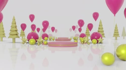 Festive 3D Celebration Background with Pink Balloons and Golden Trees