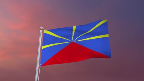 Réunion Island Flag Waving Seamlessly Against a Beautiful Sunset Sky