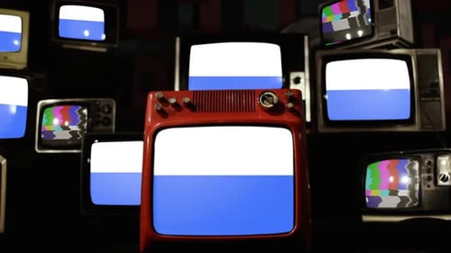 Flag of Krakow, Poland, and Retro TVs.