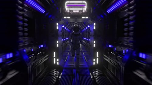 Astronaut Runs Through a Tunnel to Another Compartment of the Space Gate