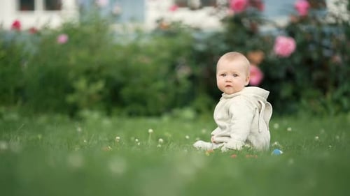 Süßes kleines Kleinkind, das tagsüber im Park auf Gras spielt