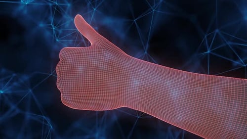 Animated Wireframe Hand Thumbs Up in Digital Network