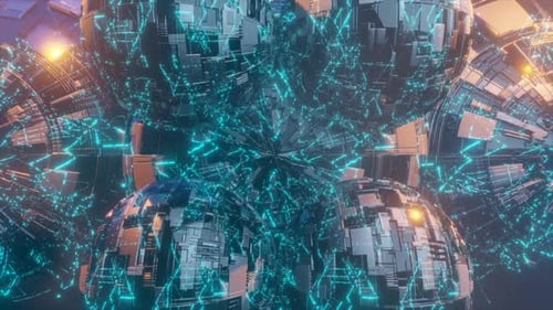 beleuchtete Cyberbälle drehen sich im offenen Raum, umgeben von Nebel