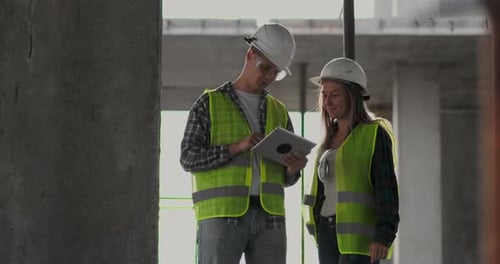 Construction Workers Using Tablet on Building Site