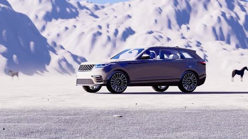 3D Animated SUV and Wild Horses in Snowy Landscape