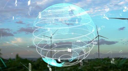 Rotating Wind Turbines with Animated Earth Globe
