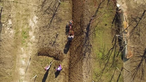 Luftaufnahme, kaukasische Landwirte furchen Boden und bereiten Feld für den Anbau von Gemüse vor.
Herren
