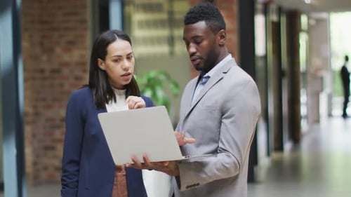 Two happy diverse business people working together, using laptop in modern office