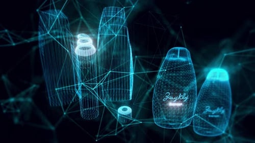 Set Of Shampoos Glass Packaging Hologram Close Up 4k