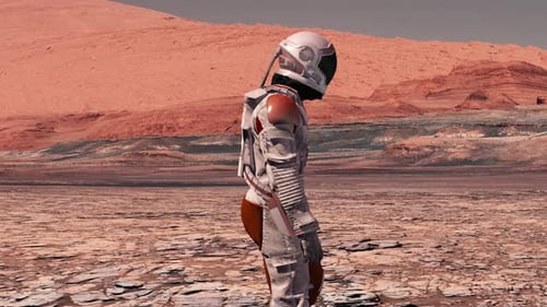 Futuristic Astronaut Walking Across Alien Planet