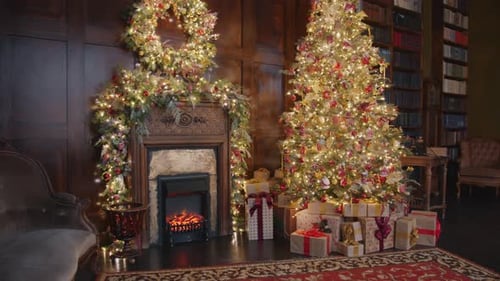 Christmas Decorations Fireplace and Tree with Gifts