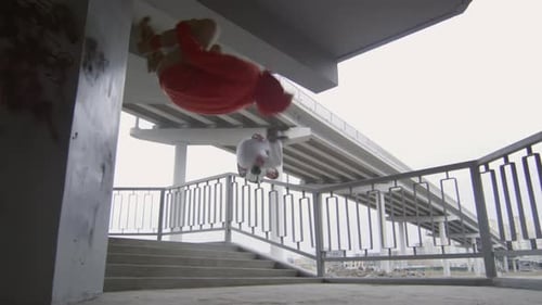 Parkour Athletes Performing Stunts Under Urban Bridge