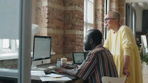 Diverse Colleagues Discussing Project on Computer in Office