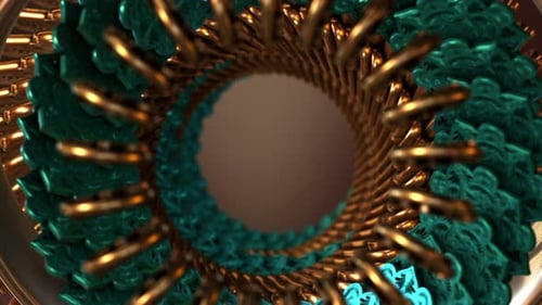 Abstract Golden and Teal Mechanical Rings Rotating Motion Background