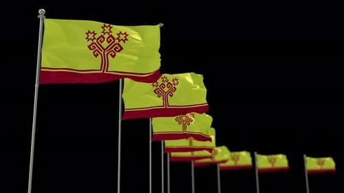 Line of Waving Yellow and Red Patterned Flags
