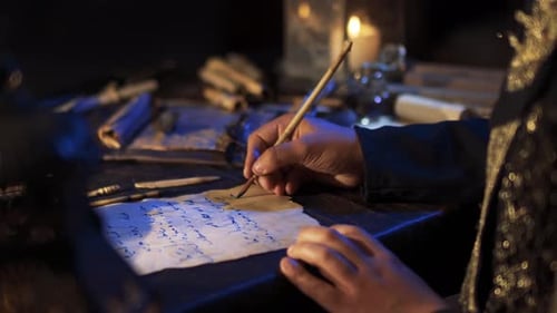Person Writing with Quill by Candlelight in Historical Setting