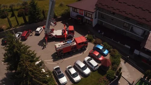 Aerial view of fire trucks at fire drill