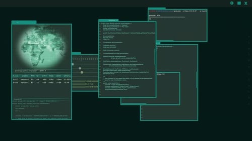 Interface virtuelle ou HUD affichant plusieurs fenêtres avec du code de piratage en cours d'exécution