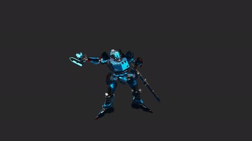 The robot acts in a Grab And Slam style and wields a double sword