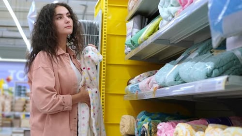 Shopping in Department with Home Textiles in Hypermarket