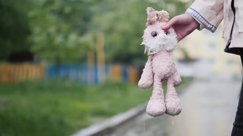 Soggy Bunny Toy Held by Woman in City Park